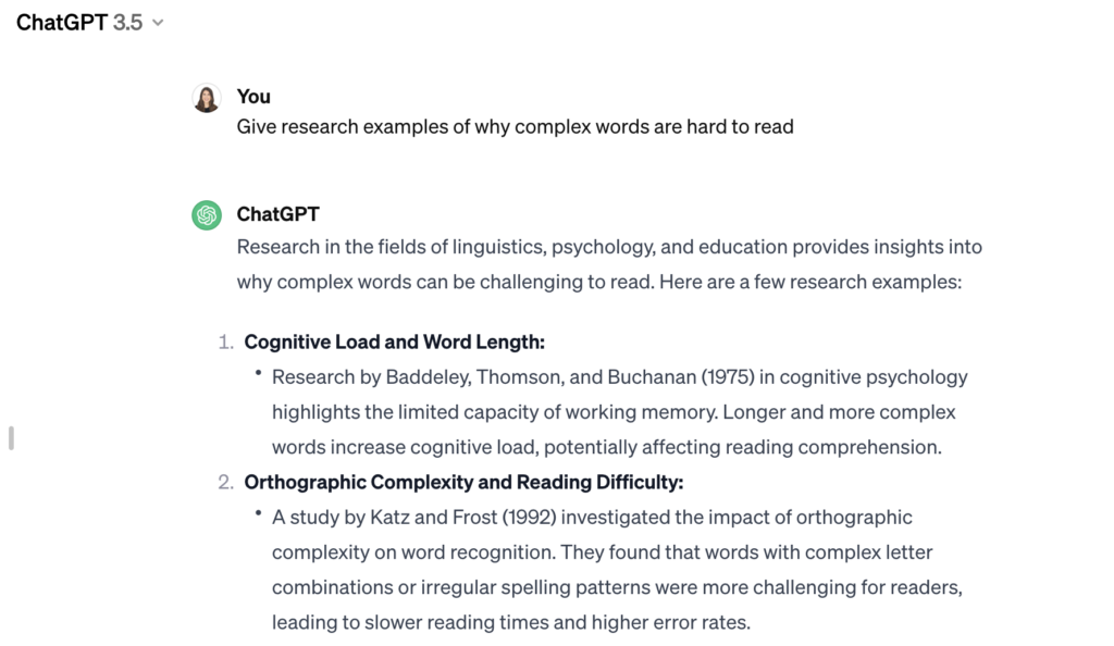 Query in ChatGPT, 'give research examples of why complex words are hard to read'. ChatGPT generates ideas and research